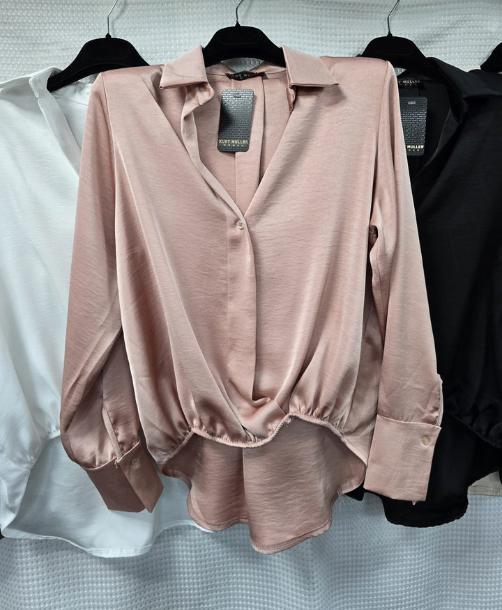 Sateen V Collar High Low Padded Shoulder Blouse