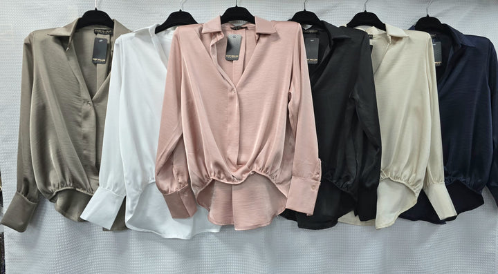 Sateen V Collar High Low Padded Shoulder Blouse