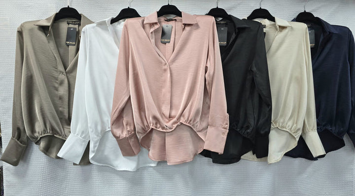 Sateen V Collar High Low Padded Shoulder Blouse