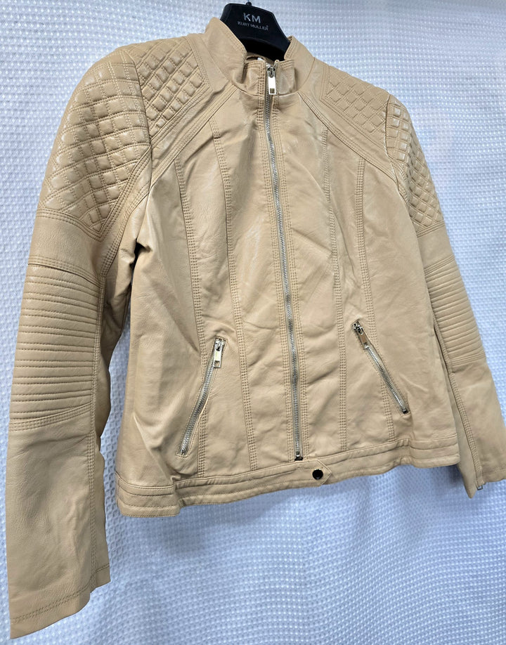 Beige Quilted Mandarin Neck Vegan Leather Look Jacket (4p.pack)