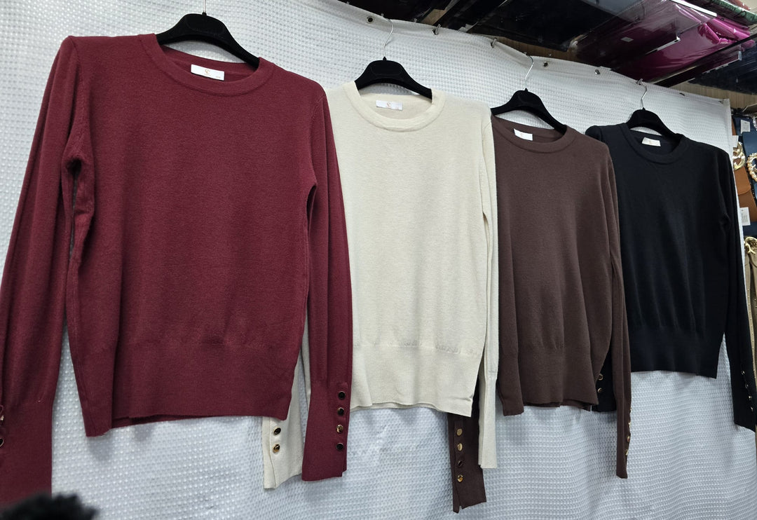 Gold Button Soft Crew Neck Fine Knit (2p.pack)