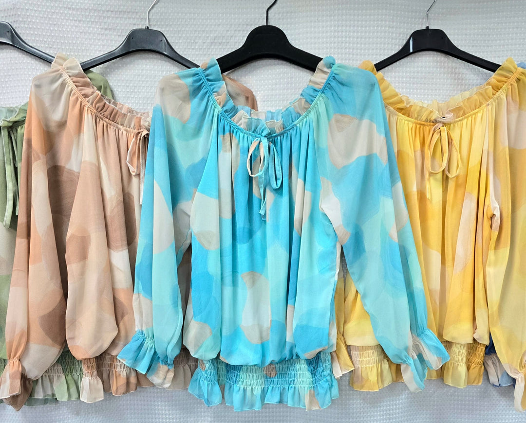 Tonal Print Ruffle Bardot Blouse