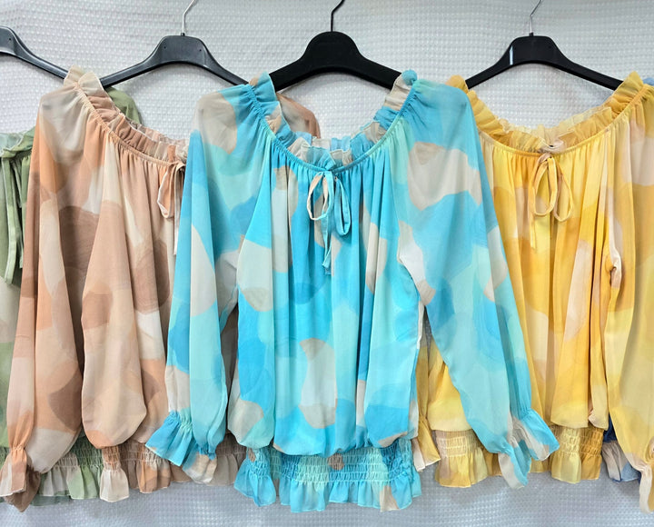 Tonal Print Ruffle Bardot Blouse