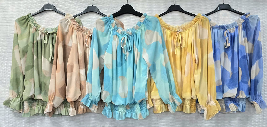 Tonal Print Ruffle Bardot Blouse