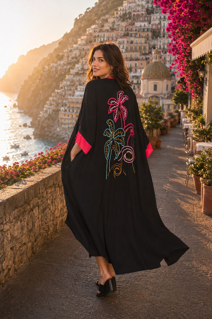 Tropical Palm Embroidered Kaftan Dress