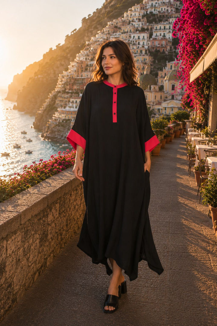 Tropical Palm Embroidered Kaftan Dress