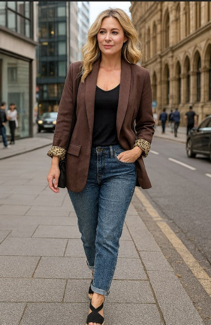 Leopard Trim Turn Up Sleeve Blazer - jqwholesale.com