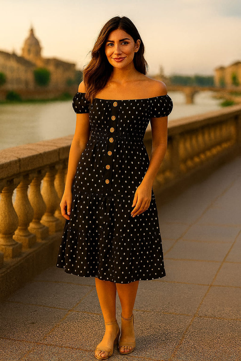 Polka Dot Bardot Midi Dress - jqwholesale.com