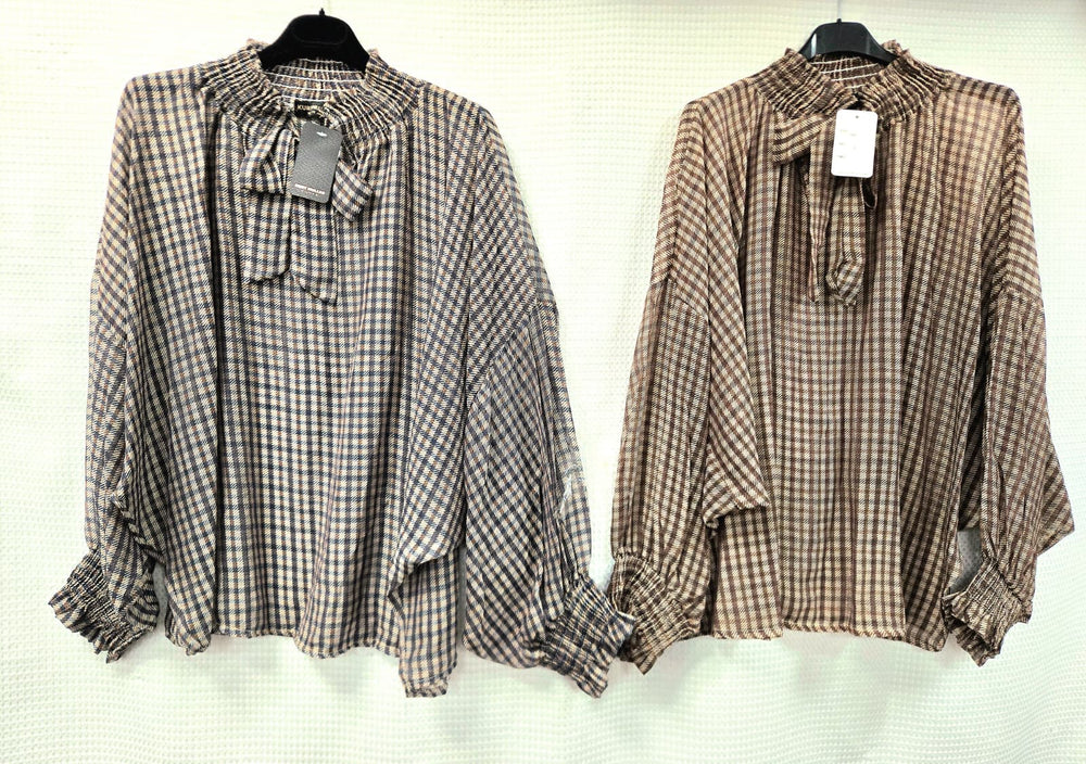 Oversized Drop sleeve BB Check Bow Tencel blouse - jqwholesale.com