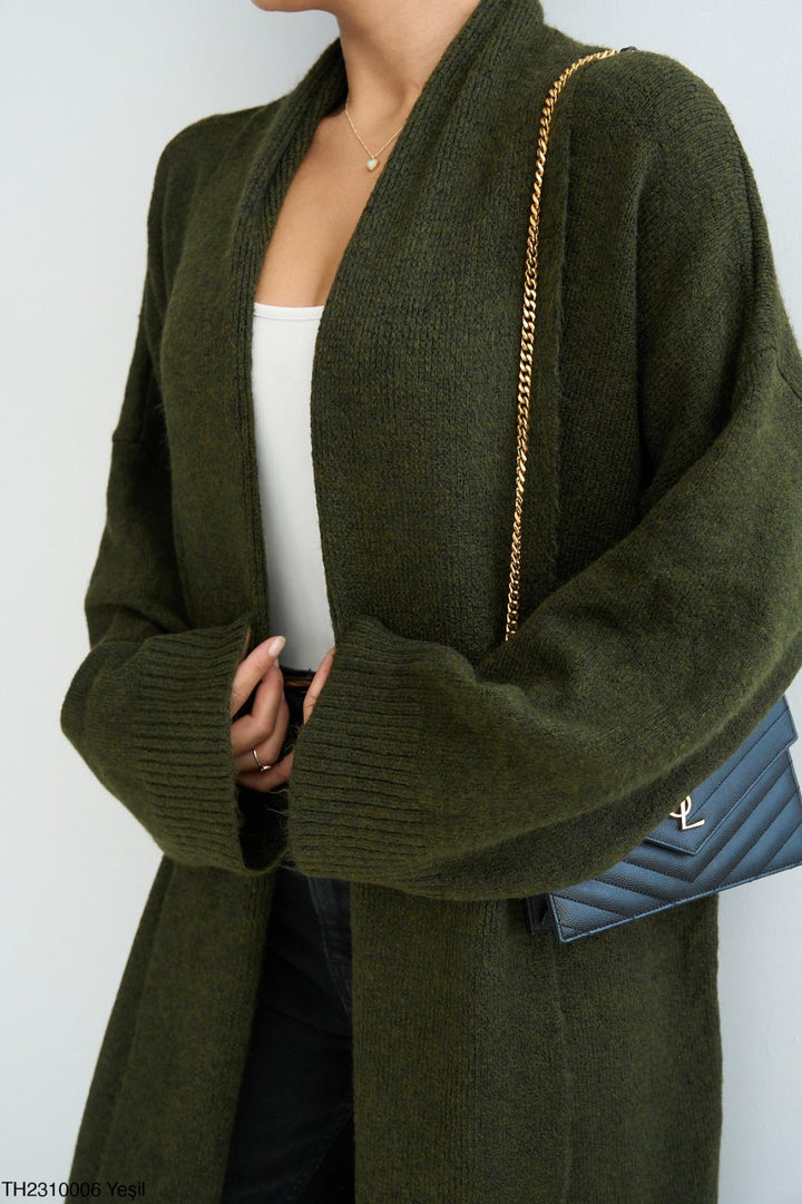 Soft Knit Longline Open Cardigan - Dark Khaki