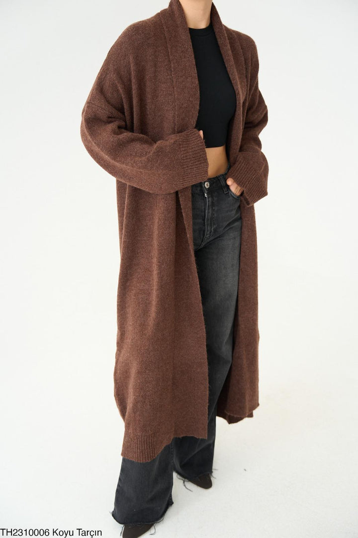 Soft Knit Longline Open Cardigan - Cinnamon Brown