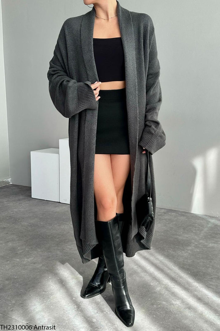 Soft Knit Longline Open Cardigan - Anthracite