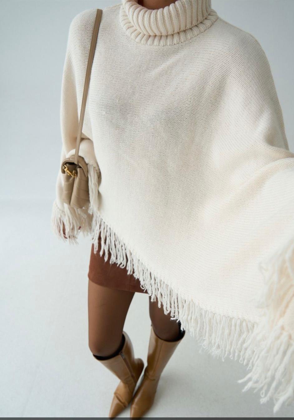 Fringe Hem Turtleneck Poncho – Cream
