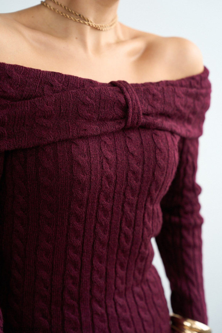 Off-Shoulder Cable Knit Mini Dress – Bordeaux