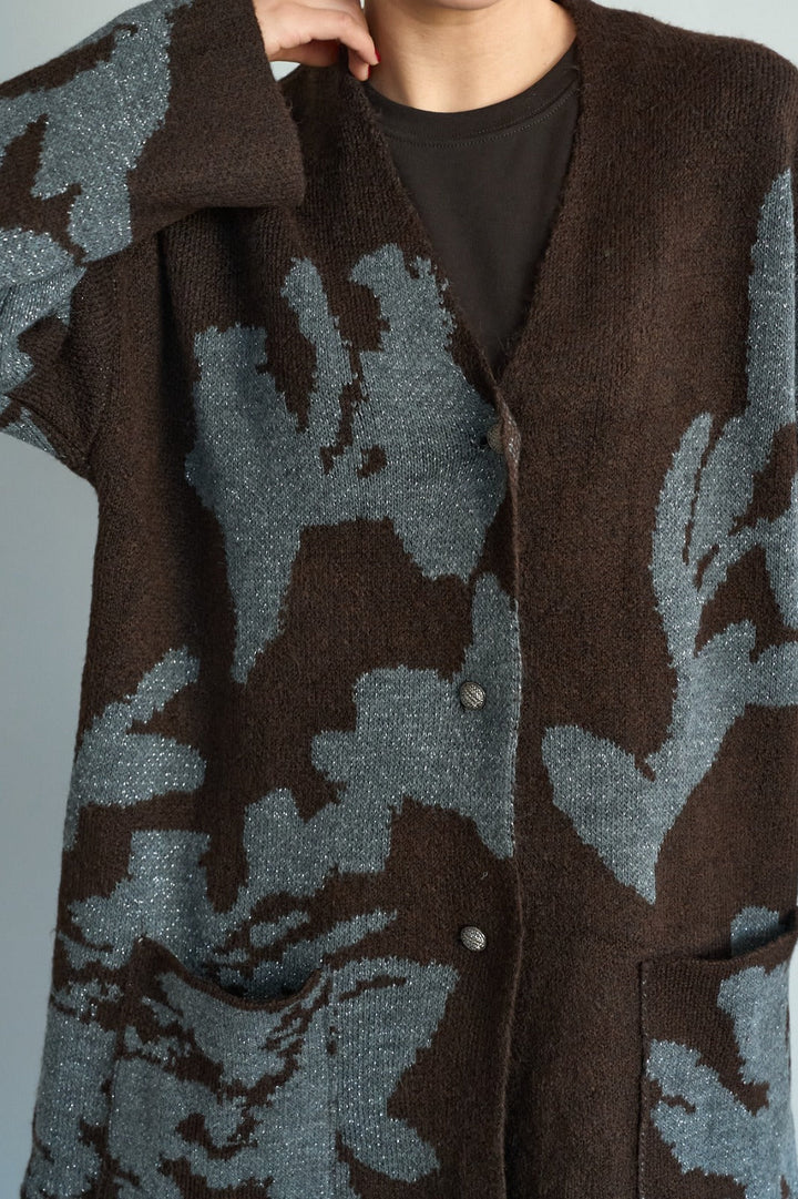 Metallic Jacquard Floral Knit Cardigan – Brown/Grey - jqwholesale.com