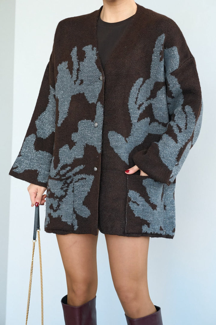 Metallic Jacquard Floral Knit Cardigan – Brown/Grey - jqwholesale.com