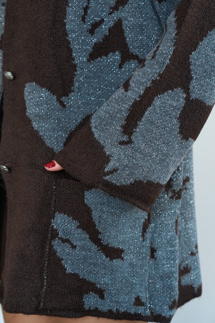 Metallic Jacquard Floral Knit Cardigan – Brown/Grey