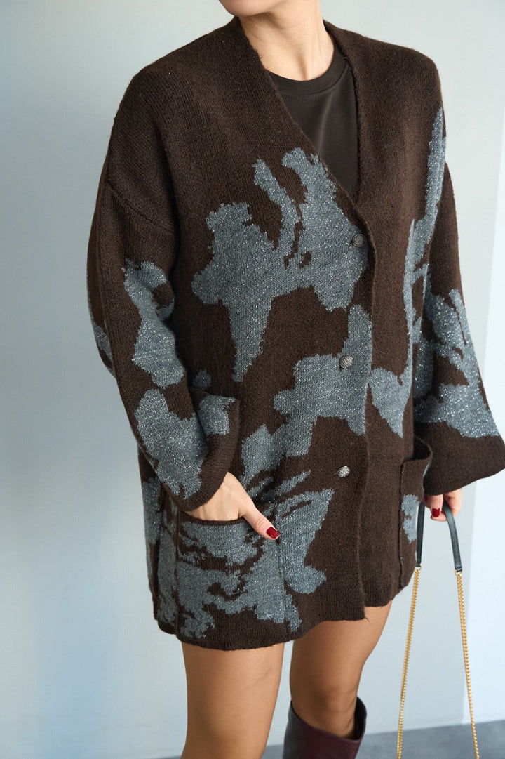 Metallic Jacquard Floral Knit Cardigan – Brown/Grey - jqwholesale.com