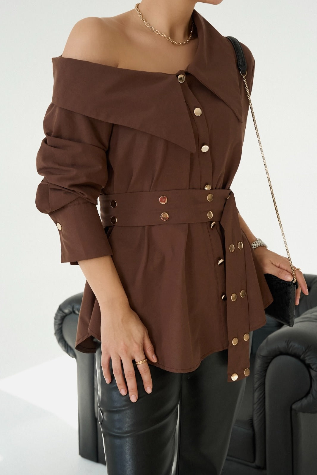Asymmetric Button Detail Shirt – Brown