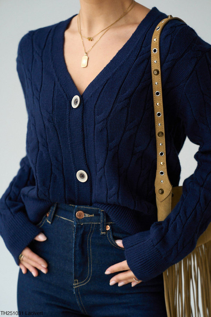 Button Detail Cable Knit Cardigan – Navy - jqwholesale.com