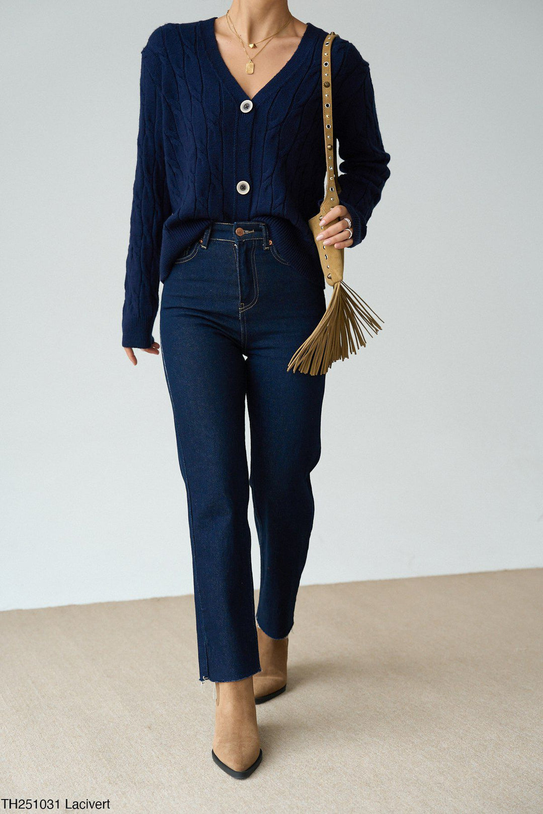 Button Detail Cable Knit Cardigan – Navy - jqwholesale.com