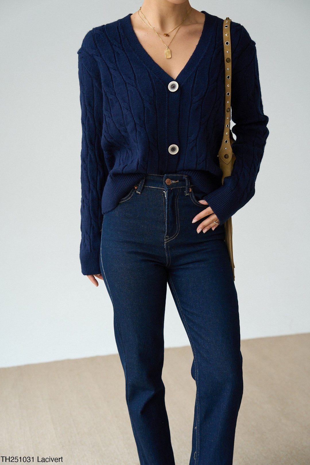 Button Detail Cable Knit Cardigan – Navy - jqwholesale.com