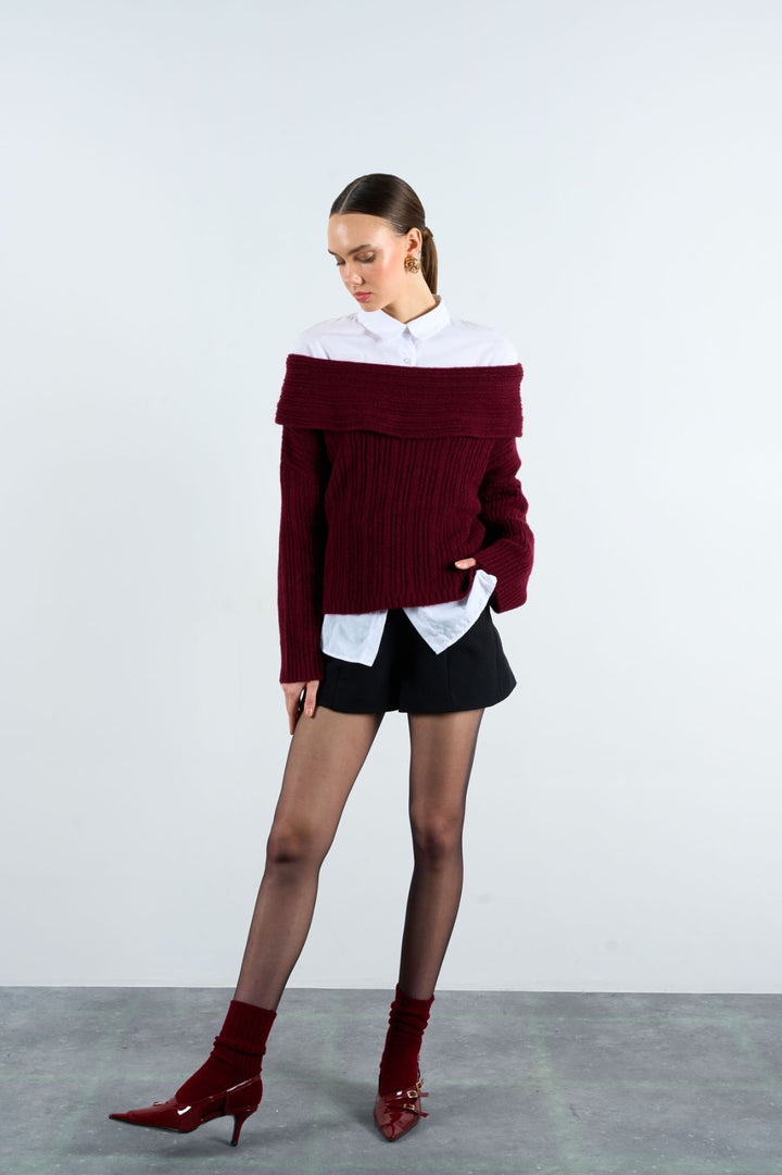 Off-Shoulder Rib Knit Jumper – Burgundy