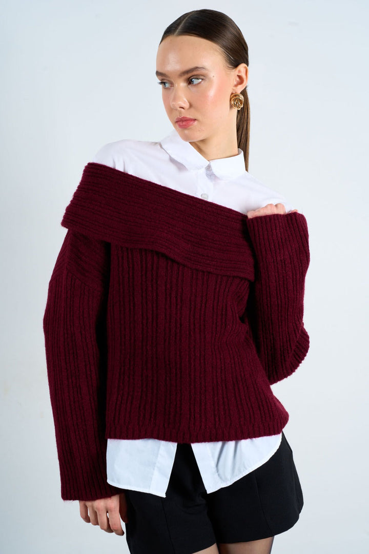 Off-Shoulder Rib Knit Jumper – Burgundy - jqwholesale.com