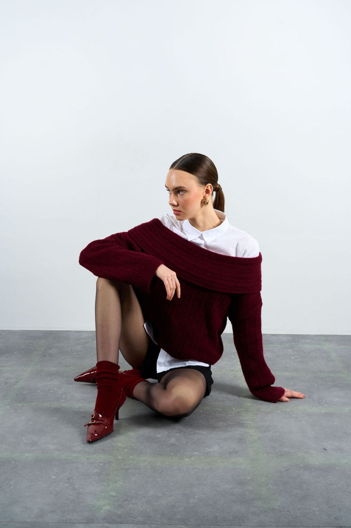 Off-Shoulder Rib Knit Jumper – Burgundy - jqwholesale.com