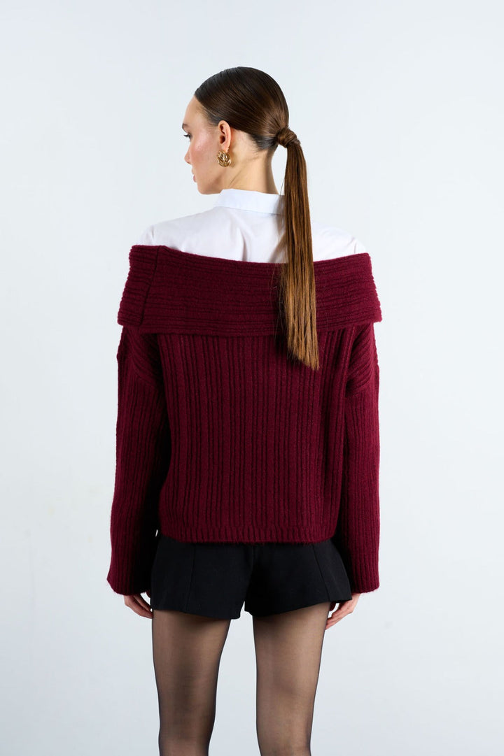 Off-Shoulder Rib Knit Jumper – Burgundy - jqwholesale.com