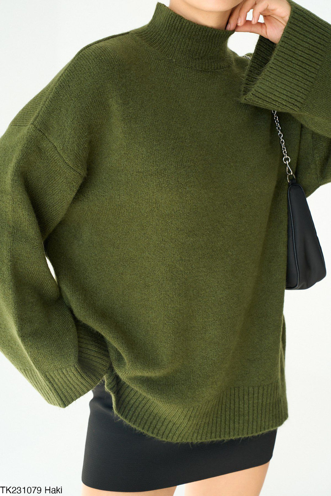 Oversized Soft Knit Mock-Neck Jumper – Khaki - jqwholesale.com