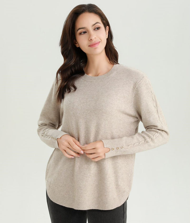 Crystal Gold Button Crew Neck Curved Hem Knit (2p.pack)