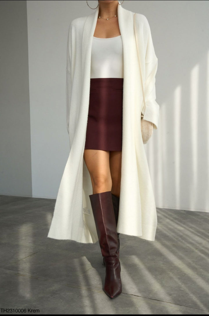 Soft Knit Longline Open Cardigan - Beige