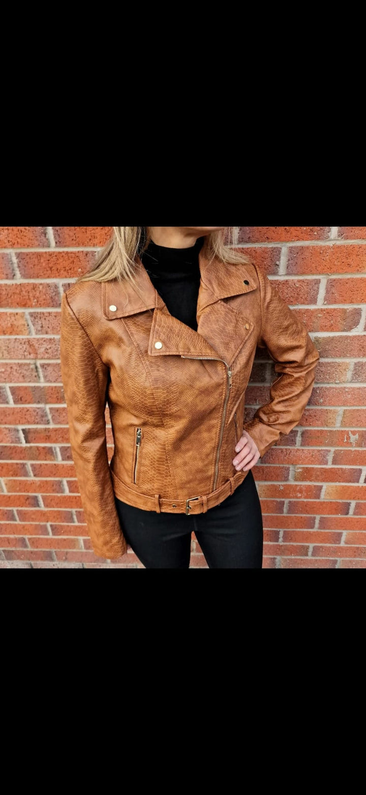 (4P. PACK) Tan Brown Biker Moc Croc Leather Look Jacket
