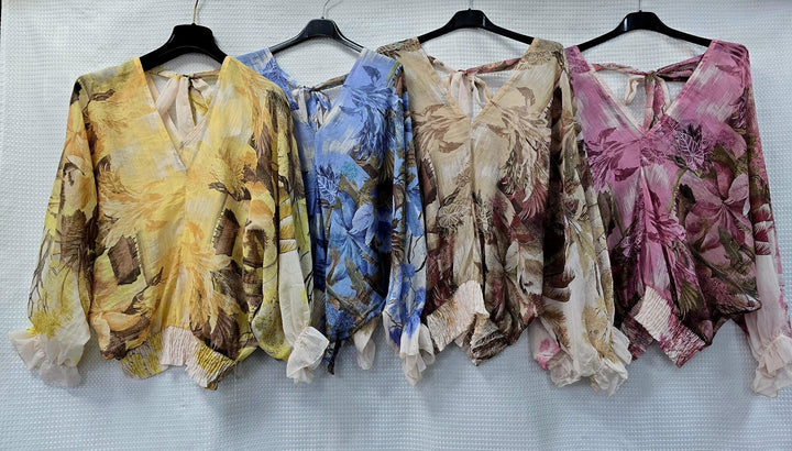 Floral Chiffon Double V Tie Back Blouse
