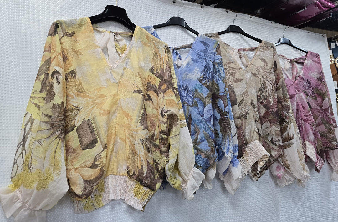 Floral Chiffon Double V Tie Back Blouse