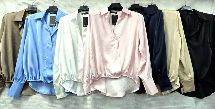 Sateen V Collar High Low Padded Shoulder Blouse