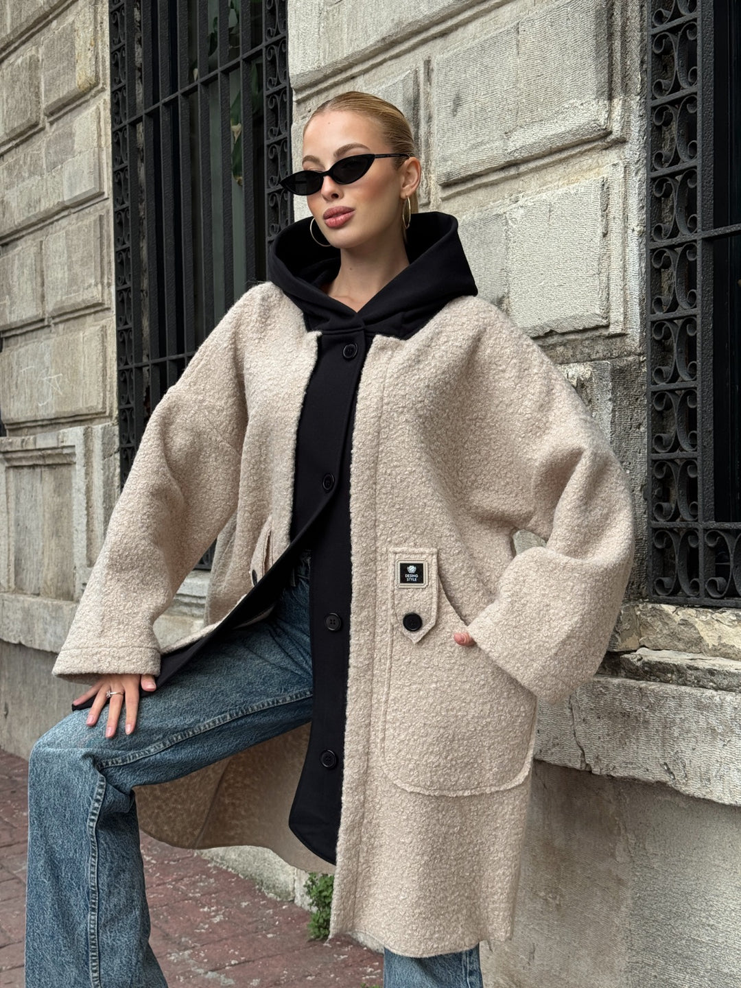 Oversized Hooded Teddy Coat with Pockets in Beige