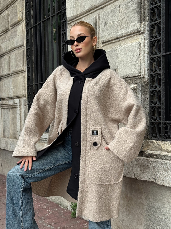 Oversized Hooded Teddy Coat with Pockets in Beige - jqwholesale.com