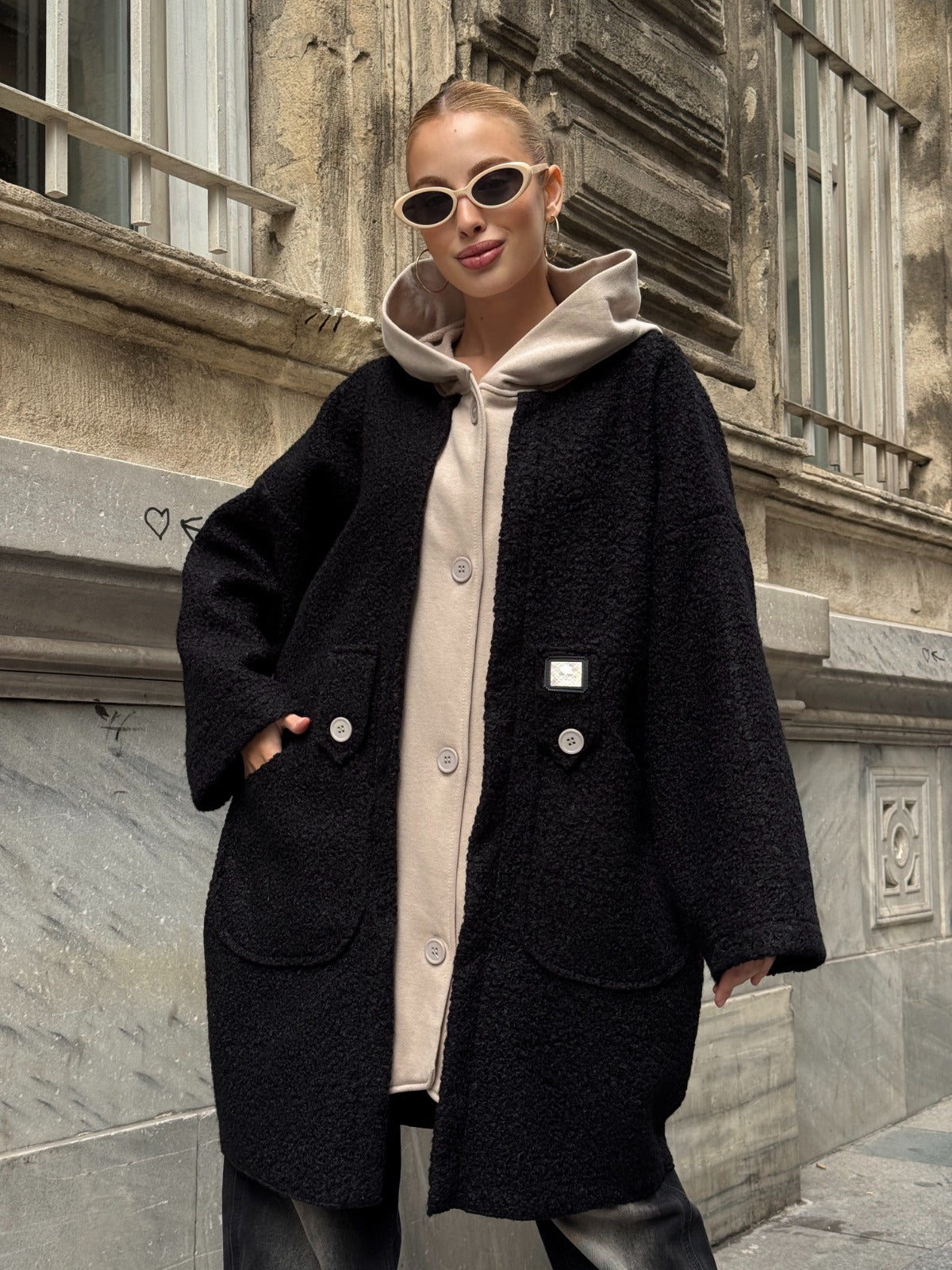 Oversized hooded teddy coat black JQ Wholesale wholesale women clothing UK