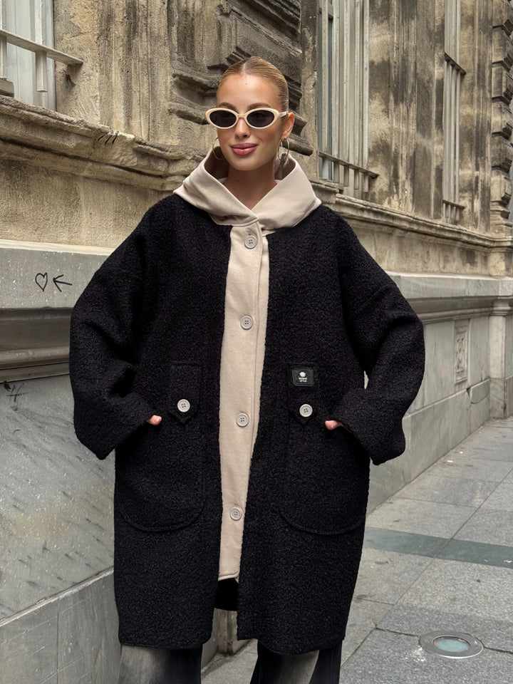 Oversized Hooded Teddy Coat with Pockets in Black - jqwholesale.com