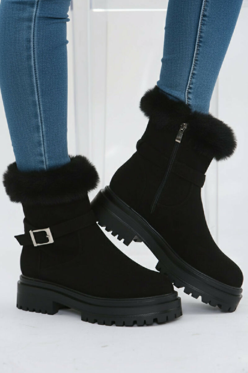 Black Faux Fur Collar Buckle Ankle Boot (PACK OF 12 PAIRS UK3-UK8) - jqwholesale.com