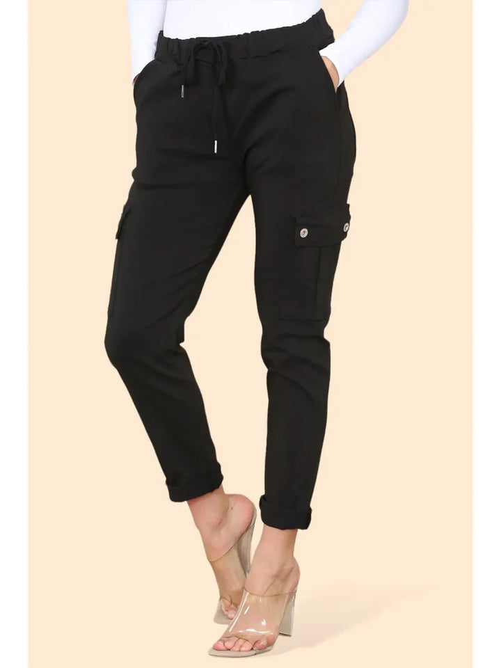 Plain Cargo Stud Pocket Bi-Stretch Magic Trousers - jqwholesale.com
