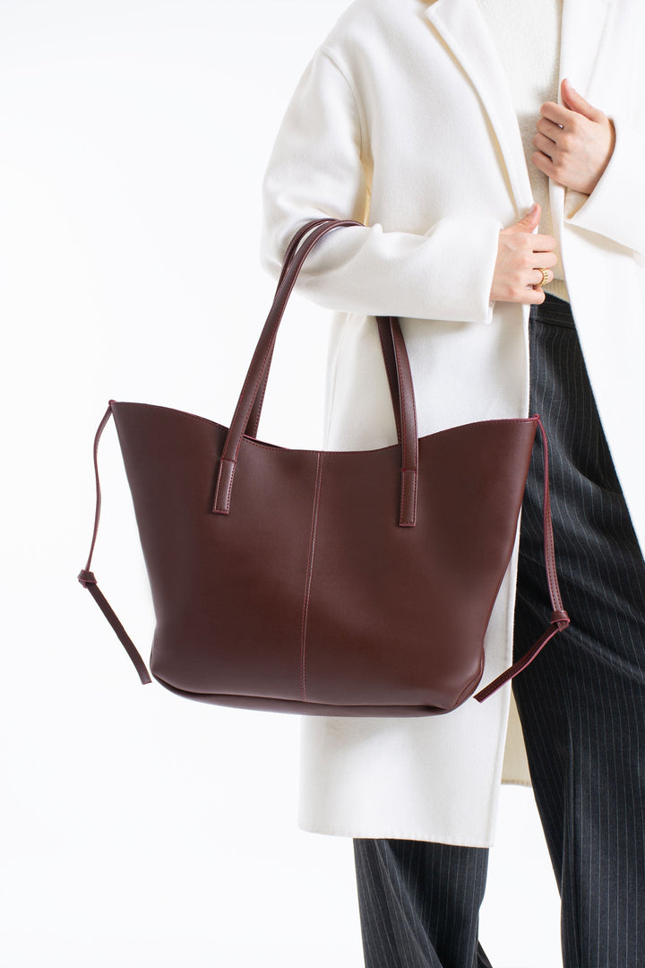 Pu Leather Large Tote Bag with Matching Zipper Pouch  2PCS Set - Burgundy