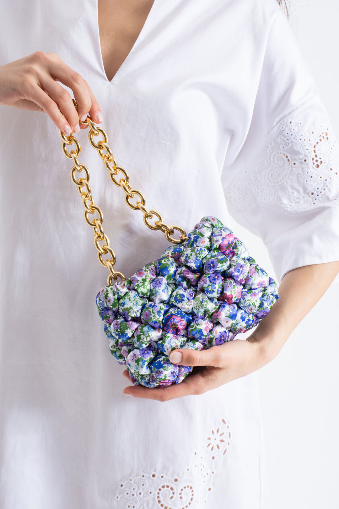 Floral Quilted Shoulder Grab  Bag with Gold Chain Strap - Multi
