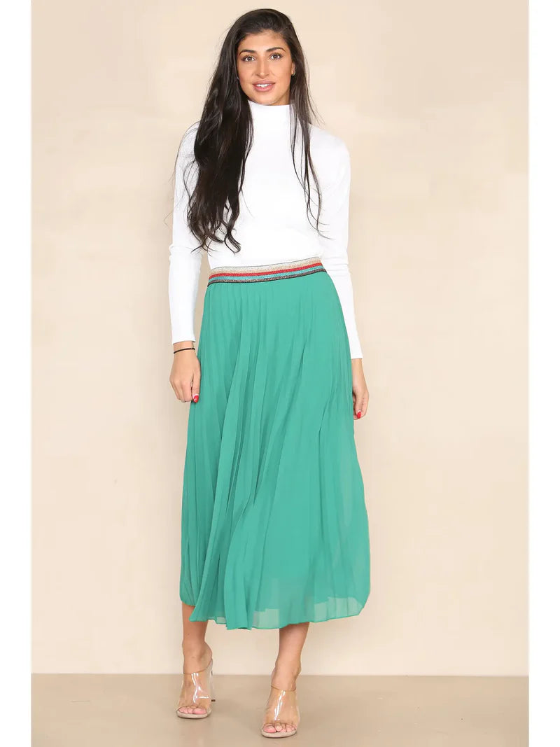 Pleated Midi Skirt with Rainbow Elasticated Waistband - jqwholesale.com