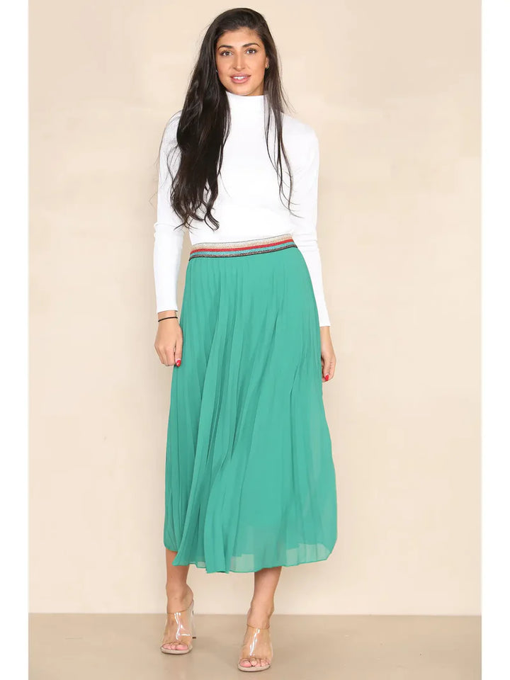 Pleated Midi Skirt with Rainbow Elasticated Waistband - jqwholesale.com