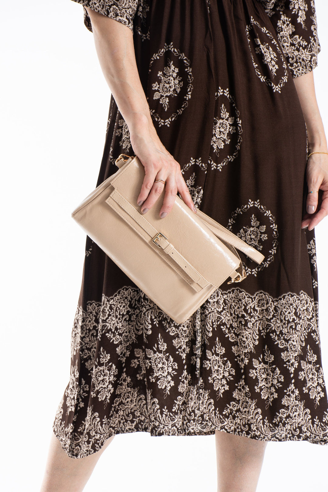 Crinkle Patent Flap Closure Wristlet & Clutc&Crossbody  3-in-1 Handbag - Beige