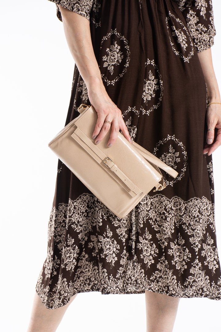Crinkle Patent Flap Closure Wristlet & Clutc&Crossbody  3-in-1 Handbag - Beige