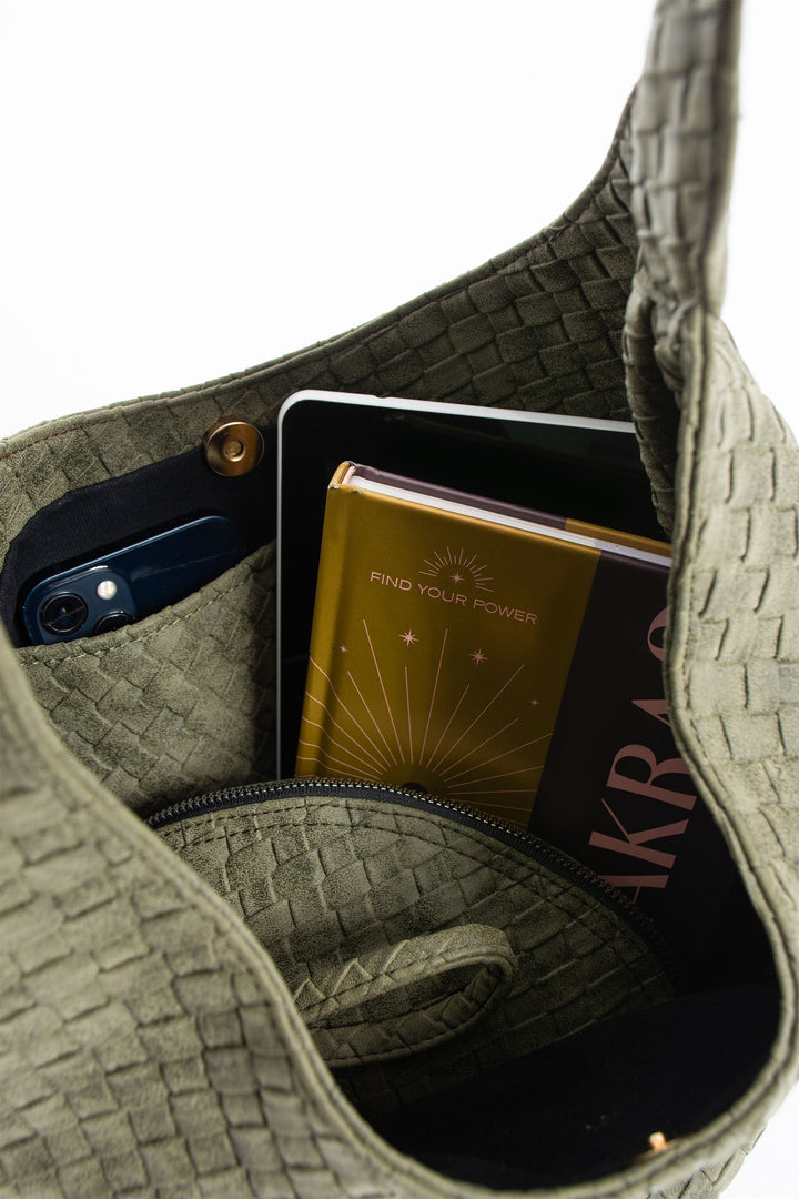 Woven Suede Slouchy Tote Bag with Matching Zipper Pouch 2PCS Set - Khaki